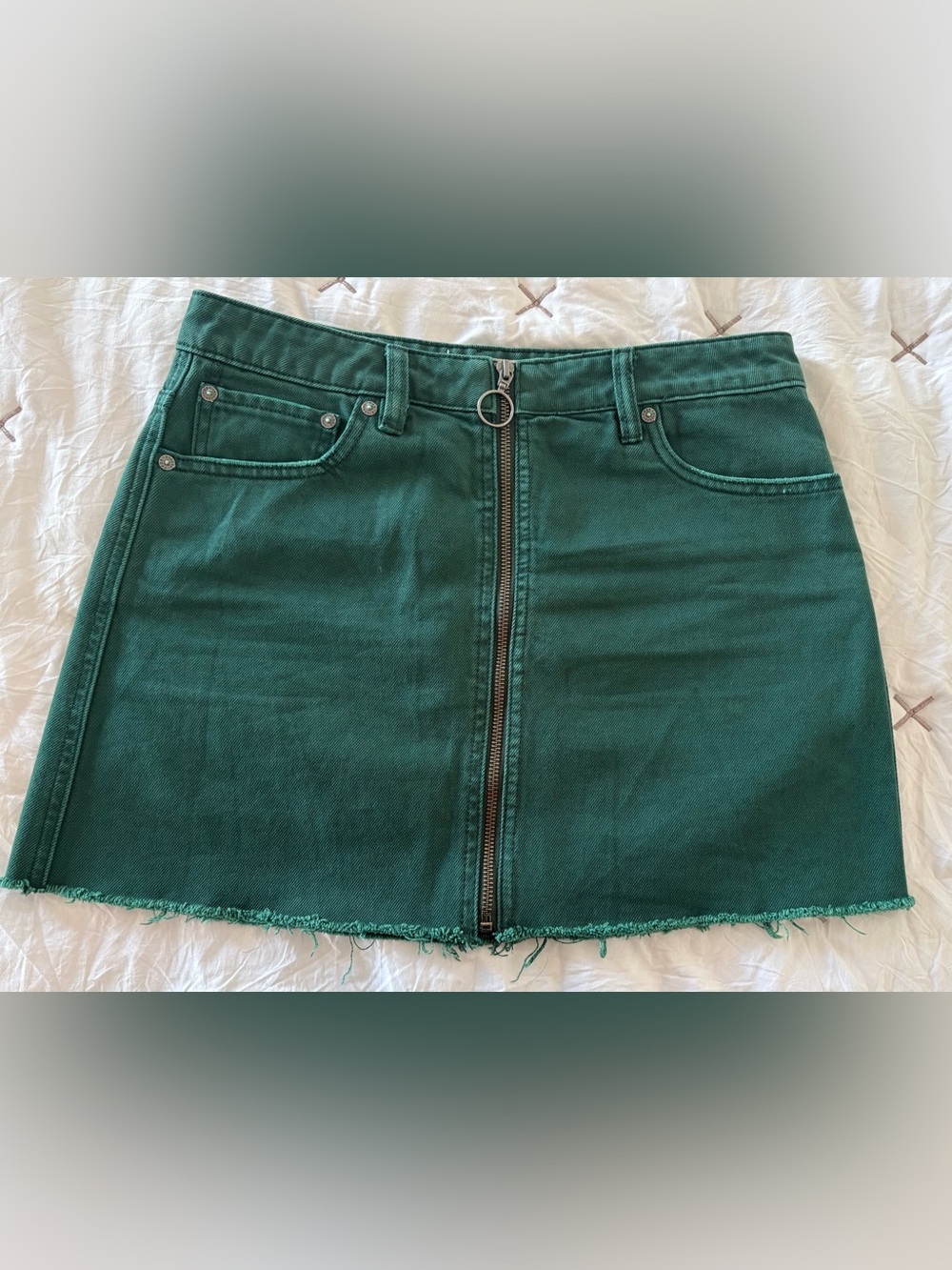 We The Free Teal Green Front Zip Denim Mini Skirt